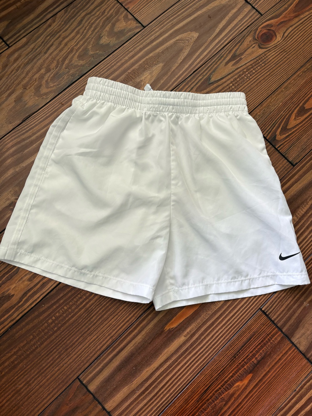 Nike White Youth Large Athletic Gym Shorts with Black Swoosh